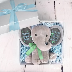 May include: A gray plush elephant baby gift set with a green ribbon. The elephant has a personalized tag with the name "Hunter Rogan Smith" and a tag with the birth details: "02-13-2022, 7 pounds 8 ounces, 20.5", 11:34 A.M."