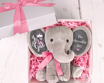 It's a Girl Gender Reveal Stuffed Animal Cute Custom Baby Announcement Grandparent, Elephant Pregnancy Announcement, Boy, Add Any Text!