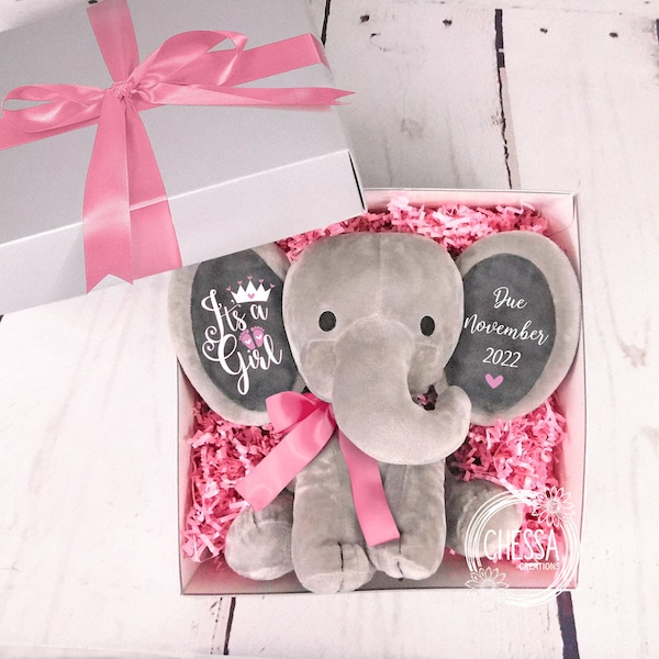 It's a Girl Gender Reveal Stuffed Animal Cute Custom Baby Announcement Grandparent, Elephant Pregnancy Announcement, Boy, Add Any Text!