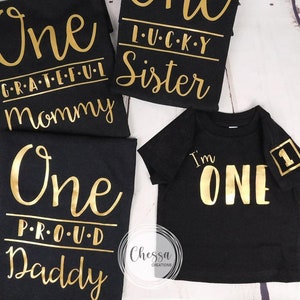 1st Birthday Boy Outfit, One Year Old Shirt with Sleeve Design Classic Modern Black and Gold, ONE Proud Dad, ONE Grateful MOM, Family Shirts
