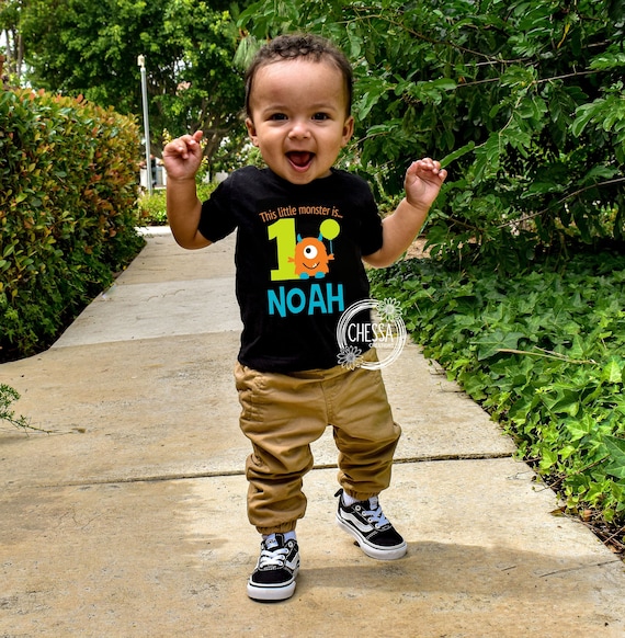 1st Birthday Boy Outfit, One Year Old Shirt, This Little Monster is 1, ANY AGE! Teal, Orange, Lime Green, Chessa Creations, DTG Ink Print