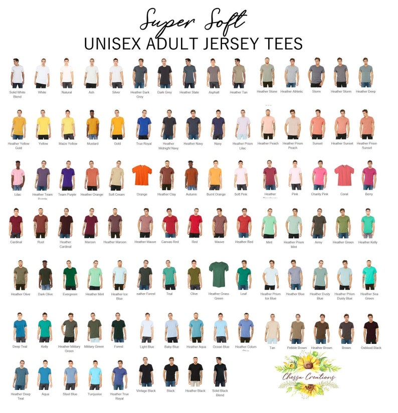May include: A grid of unisex adult jersey tees in various colors, including white, black, and shades of blue, green, and red. The text "Super Soft" and "UNISEX ADULT JERSEY TEES" is displayed at the top. The bottom right corner features the text "Chessa Creations".