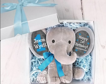 1st Birthday Gift for Baby Boy or Girl Personalized First Birthday Toddler Toy Elephant, More Colors!, Any Custom Text, Sky Blue