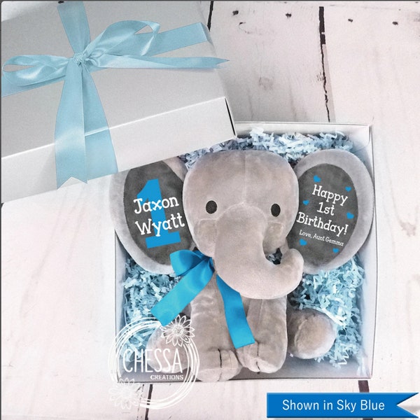 1st Birthday Gift for Baby Boy or Girl Personalized First Birthday Toddler Toy Elephant, More Colors!, Any Custom Text, Sky Blue