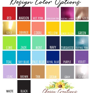 May include: A chart of color options for design projects. The chart includes 24 color swatches with the names of each color listed below the swatches. The colors include red, maroon, hot pink, bubblegum pink, electric cherry, rose gold, gold, orange, coral, yellow, lemon yellow, green, lime, jade, mint, navy, turquoise, electric teal, teal, sky blue, pale blue, royal blue, purple, violet, lilac, brown, tan, cream, gray, silver, white, and black.
