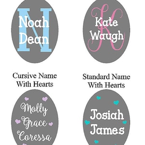 May include: Four different styles of personalized name and initial designs. The first design is a block initial with the name "Noah Dean" in white text on a blue background. The second design is a swirly initial with the name "Kate Waugh" in white text on a pink background. The third design is a cursive name with hearts with the names "Molly Grace Coressa" in white text on a purple background. The fourth design is a standard name with hearts with the names "Josiah James" in white text on a blue background.