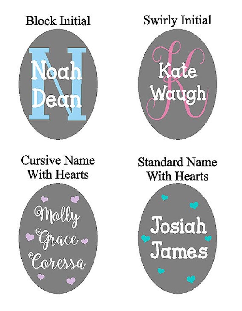 May include: Four different styles of personalized name and initial designs. The first design is a block initial with the name "Noah Dean" in white text on a blue background. The second design is a swirly initial with the name "Kate Waugh" in white text on a pink background. The third design is a cursive name with hearts with the names "Molly Grace Coressa" in white text on a purple background. The fourth design is a standard name with hearts with the names "Josiah James" in white text on a blue background.