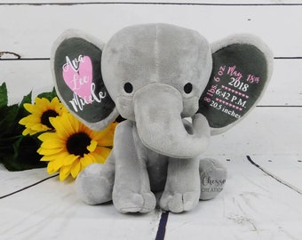 Regalo para nuevos padres, estadísticas de nacimiento de niña, lindo elefante de peluche personalizado para anunciar el nacimiento