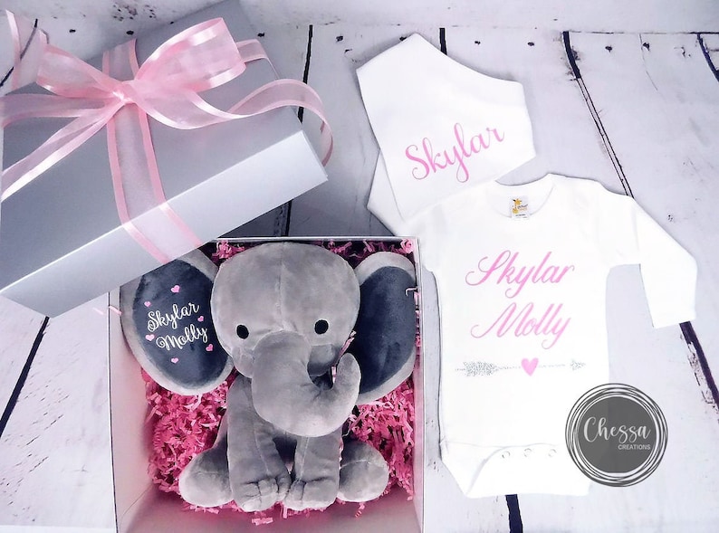 Puede incluir: Una caja de regalo llena de papel de seda rosa, un peluche de elefante gris, un body blanco con los nombres "Skylar Molly" en letras rosas y una babero blanco con el nombre "Skylar" en letras rosas.
