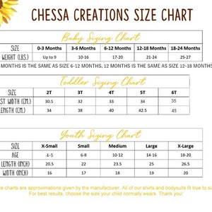 May include: A size chart for baby, toddler, and youth clothing. The chart includes sizes for babies from 0-3 months to 18-24 months, toddlers from 2T to 6T, and youth from X-Small to X-Large. The chart lists the corresponding weight, chest width, length, age, and width for each size.
