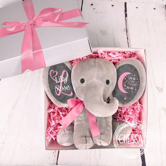 Girl Baby Shower Gift Set Customized Elephant Stuffed Animal for Newborn Gift Basket Pink, I love you to the moon and back