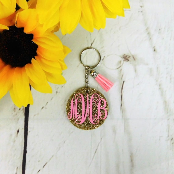 Cute Keychain Monogram Keychain Glitter Keychain Tassel Etsy