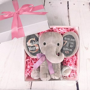 Regalo para niña y nueva mamá, caja de regalo rosa para canasta de regalo de baby shower, elefante personalizado, animal de peluche, oro rosa
