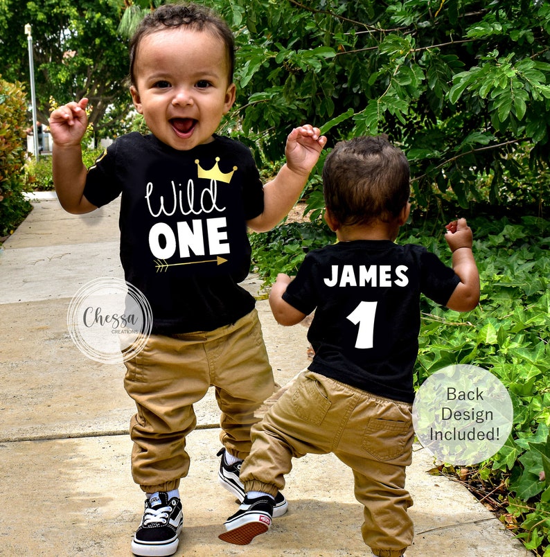 1st Birthday Boy Outfit Wild One Year Old Jungle First Birthday Cake Smash Shirt, Black, White, Gold