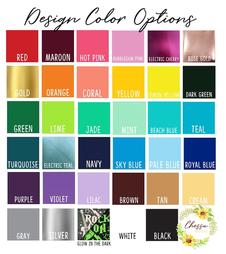 May include: A chart of color options for design projects. The chart includes 24 colors, including red, green, blue, yellow, orange, purple, brown, black, white, and gray. The chart also includes a glow-in-the-dark option.
