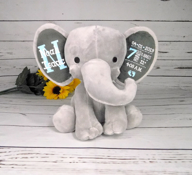 Baby Boy Gift Custom Elephant Birth Stats Stuffed Animal Newborn Shower Gift Basket, Blue, Cute alternative to Baby Clothes 