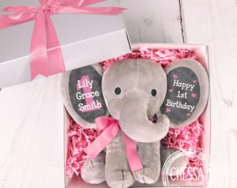 Baby Mädchen Geburtstagsgeschenk Personalisierter Spielzeug Elefant für Kleinkind Jungen oder Mädchen Geschenke, Rosa, wählen Sie Ihre Farbe