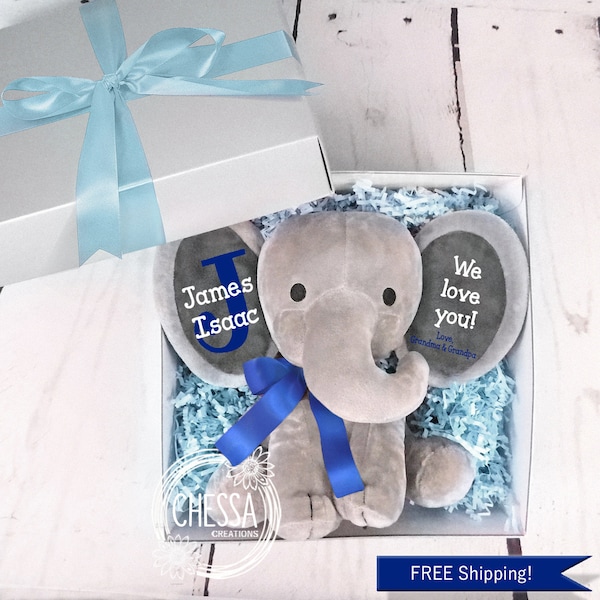 Boy Gift Toddler, Custom Baby Shower Gift, Elephant Photo Prop, Personalized Stuffed Animal in Gift Basket, New Parent, Royal Blue, 1st, 2nd