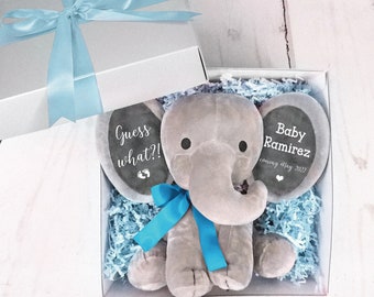 Pregnancy Announcement Stuffed Animal Cute 'Guess What?!' Custom Baby Announcement Grandparent, Elephant Baby Toy, Any Text!, White