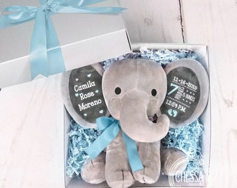 Cadeau bébé garçon, cadeaux de douche personnalisés, accessoire photo de statistiques de naissance d'éléphant, animal en peluche personnalisé dans un panier cadeau, cadeau pour nouveau parent, maman bleu pâle