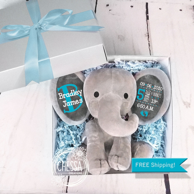 May include: A gray plush elephant toy in a white gift box with blue tissue paper. The elephant has two black felt eyes and a blue felt circle on each ear. One circle says "Bradley James" and the other says "09 06 2020 5 pounds 9 ounces 19" 6:50 A.M."
