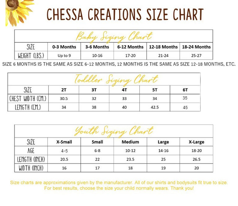 May include: A size chart for baby, toddler, and youth clothing. The chart includes sizes for babies from 0-3 months to 18-24 months, toddlers from 2T to 6T, and youth from X-Small to X-Large. The chart lists the corresponding weight, chest width, length, age, and width for each size.