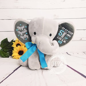 May include: Gray plush elephant stuffed animal with a blue ribbon. The elephant's ears are embroidered with the names "Arya Aunsli Kelly" and the date, weight, and time of birth: "04-24-2018, 5 pounds 6 ounces, 18", 1:03 A.M."