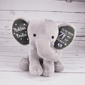 May include: Gray plush elephant stuffed animal with embroidered details. One ear says "Ashton Emilia" with pink hearts. The other ear says "01-31-2019 7 pounds 20 ounces 11:29 P.M." with pink footprints.
