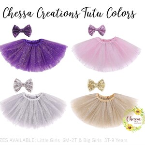 May include: Four tulle tutus with matching bows in different colours: purple, pink, silver, and gold. The tutus are made of soft tulle with glitter and have a satin waistband. The bows are made of satin and have a glitter centre. The text "Chessa Creations Tutu Colors" is at the top of the image. The text "SIZES AVAILABLE: Little Girls 6M-2T & Big Girls 3T-9 Years" is at the bottom of the image.