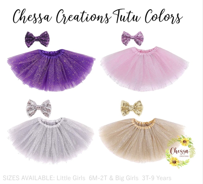 May include: Four tulle tutus with matching bows in different colours: purple, pink, silver, and gold. The tutus are made of soft tulle with glitter and have a satin waistband. The bows are made of satin and have a glitter centre. The text "Chessa Creations Tutu Colors" is at the top of the image. The text "SIZES AVAILABLE: Little Girls 6M-2T & Big Girls 3T-9 Years" is at the bottom of the image.