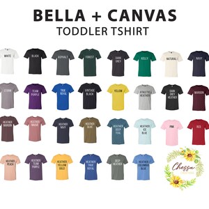 May include: A chart of 25 toddler t-shirt colors from Bella + Canvas. The colors are arranged in rows and columns. The colors include white, black, asphalt, forest, dark grey, kelly, natural, navy, storm, team purple, true royal, vintage black, yellow, athletic heather, dark grey heather, maroon, heather maroon, heather mauve, heather navy, heather olive, heather deep teal, heather ice blue, heather peach, heather team purple, heather yellow gold, heather true royal, deep heather, and heather columbia blue.