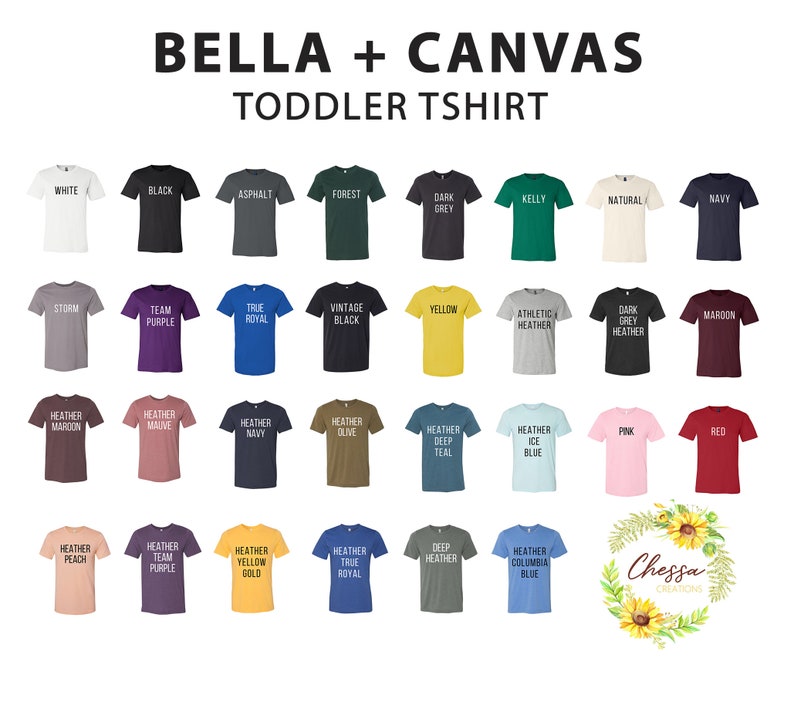 May include: A chart of 25 toddler t-shirt colors from Bella + Canvas. The colors are arranged in rows and columns. The colors include white, black, asphalt, forest, dark grey, kelly, natural, navy, storm, team purple, true royal, vintage black, yellow, athletic heather, dark grey heather, maroon, heather maroon, heather mauve, heather navy, heather olive, heather deep teal, heather ice blue, heather peach, heather team purple, heather yellow gold, heather true royal, deep heather, and heather columbia blue.