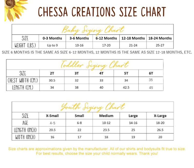 May include: A size chart for baby, toddler, and youth clothing. The chart includes sizes for babies from 0-3 months to 18-24 months, toddlers from 2T to 6T, and youth from X-Small to X-Large. The chart lists the corresponding weight, chest width, length, age, and width for each size.