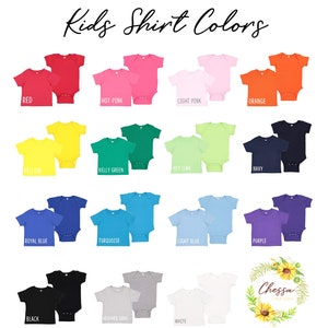 May include: A chart showing different colors of kids' shirts. The colors include red, hot pink, light pink, orange, yellow, kelly green, key lime, navy, royal blue, turquoise, light blue, purple, black, heather gray, and white.