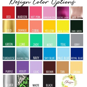 Op de afbeelding: Een kleurenkaart met opties voor ontwerp projecten. De kleuren zijn gerangschikt in rijen en kolommen, waarbij elke kleur met zijn naam is gelabeld. De kleuren omvatten rood, donkerrood, roze, bubblegum roze, elektrisch kers, roosgoud, goud, oranje, koraal, geel, citroengeel, donkergroen, groen, limoen, jade, mint, teal, grijs, turquoise, elektrisch teal, marineblauw, hemelsblauw, lichtblauw, koninklijkblauw, paars, violet, lila, bruin, bruin, cr&egrave;me, zilver, wit, zwart en glow-in-the-dark.
