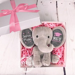 Preemie Baby Girl Gift, NICU Graduate Custom Plush, Micro Baby Clothes, Stuffed Animal Baby Boy or Girl Monogram Gift, Chessa Elephant