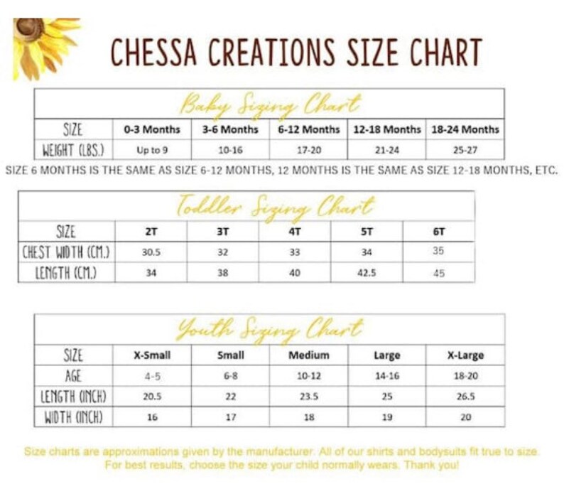 May include: Size chart for baby, toddler, and youth clothing. The chart includes measurements for weight, chest width, length, age, and width. The chart is printed on a white background with black text.