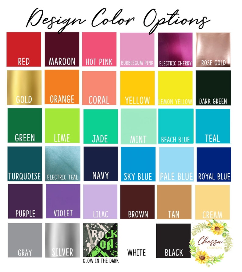 May include: A chart of color options for design projects. The chart includes 24 colors, including red, green, blue, yellow, orange, purple, brown, black, white, and gray. The chart also includes a glow-in-the-dark option.