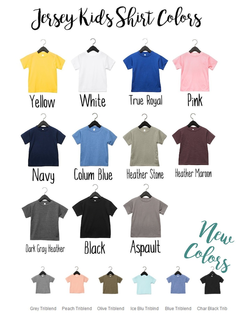 May include: A chart showing different colors of kids' t-shirts. The colors include yellow, white, true royal blue, pink, navy, colum blue, heather stone, heather maroon, dark gray heather, black, aspault, grey triblend, peach triblend, olive triblend, ice blue triblend, blue triblend, and char black triblend.