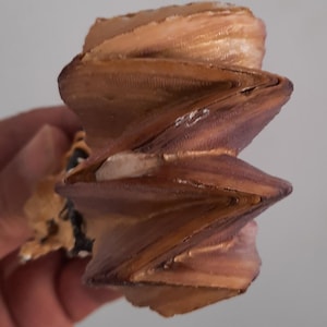 Puede incluir: Primer plano de una escultura decorativa y abstracta con un diseño en zigzag en capas. La escultura presenta tonos marrones y beige, con una superficie texturizada. El objeto se sostiene en una mano.