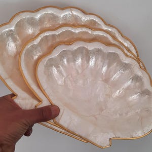 Peut inclure: Quatre assiettes décoratives en forme de coquillage empilées. Les assiettes ont une surface blanche nacrée, des bords festonnés et une bordure dorée. Les assiettes sont tenues par une personne.