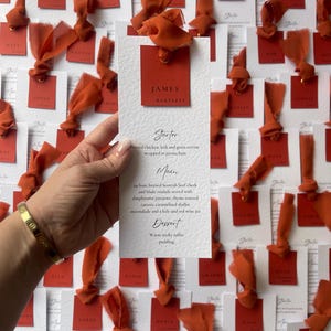 Menus de mariage, noms de lieux, menus individuels, couleurs personnalisées, orange brûlé