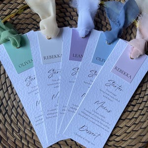 Noms de lieux de menu de mariage, menus individuels, couleurs personnalisées