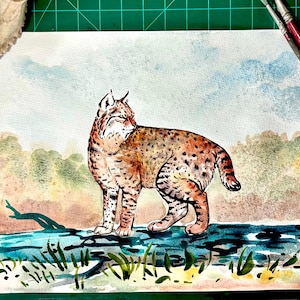 Original 12x16&quot; artwork, bobcat standing on a fallen tree