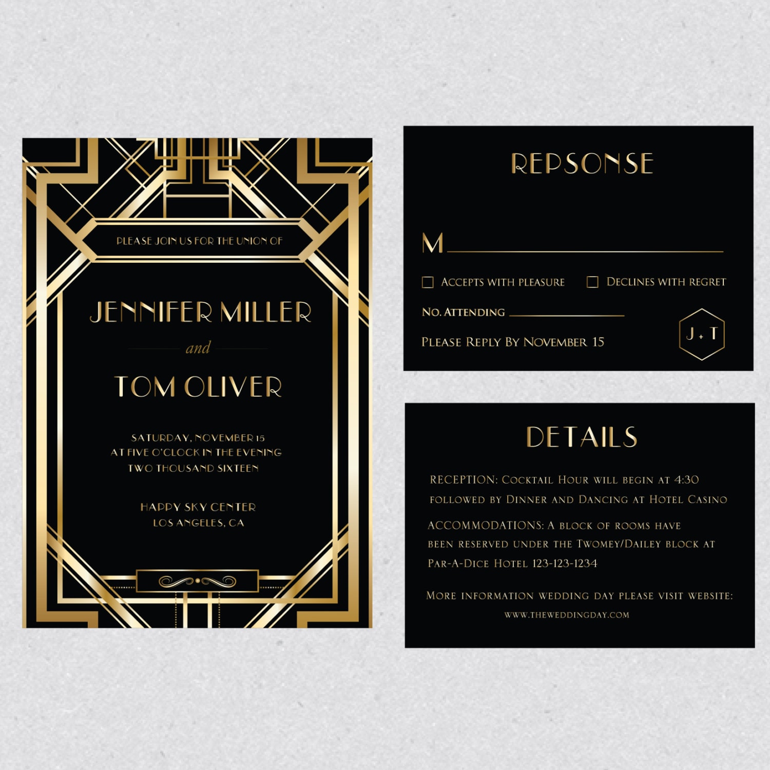 Printable Art Deco Gatsby Gold Wedding Invitation Template Set Etsy