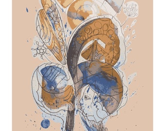May include: Abstract watercolor painting in shades of blue, brown, and beige. The painting features a stylized human face with swirling lines and shapes. The artist's signature "little na" is visible in the bottom right corner.