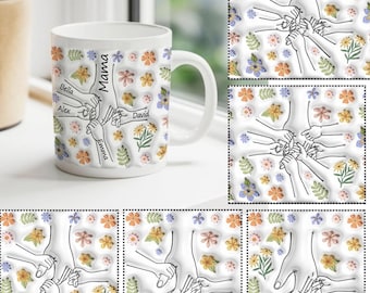 Paquete personalizado de hasta 6 niños sosteniendo la mano de mamá, taza con efecto 3D inflado PNG, sosteniendo la mano de la abuela, taza floral de 11 oz, Día de la Madre Floral