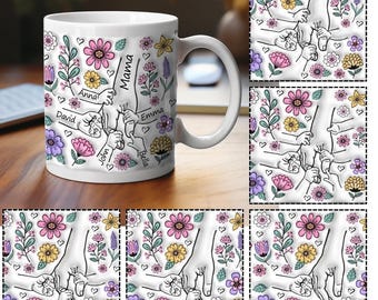 Bundle Custom Bis zu 6 Kinder, die Mamas Hand 3D aufgeblasenen Effektbecher Png, die Hand der Oma halten, Mama Floral 11oz Becher, Geschenk für Mama