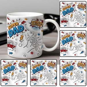 Op de afbeelding: Witte keramische mok met een stripboekontwerp. De mok heeft de woorden "SUPER DAD" in blauw en geel, samen met "WOW!" en "SPECIAL EDITION" in tekstballonnen. Het ontwerp bevat bliksemschichten, sterren en een vuist.