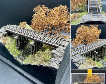 Diorama Model Railroad Trestle in the Fall: Autumn bridge HO scale Train railway trains Diorama display railway track creek stream fall 1/87